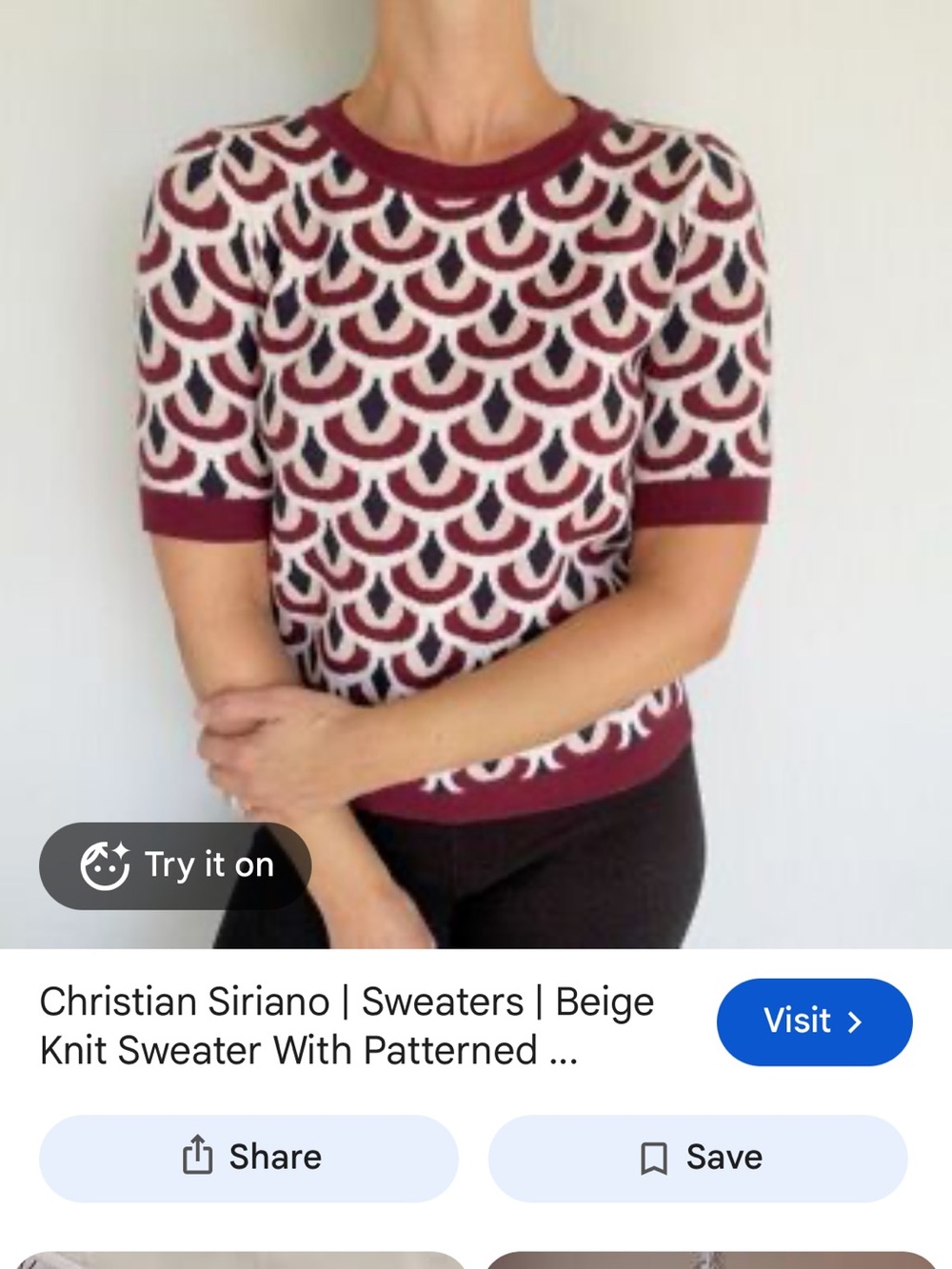Christian Siriano Burgundy, Cream & Black Scallop-Pattern Short Sleeve Sweater